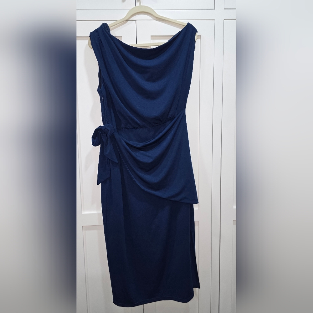NWT Grace Karin Navy Blue One-Shoulder Faux Wrap Dress – Size Large - Picture 6 of 16